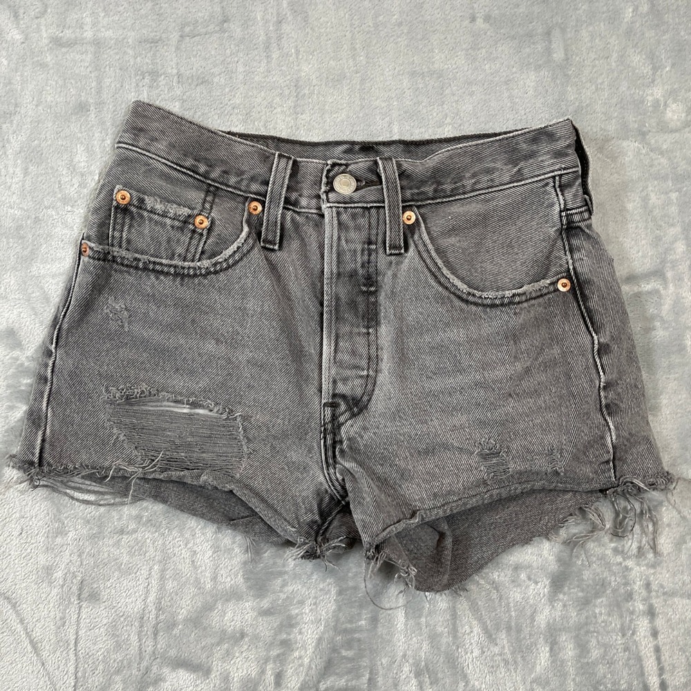 Levis 501 Shorts W24 Original High Rise Distressed Denim Gray Black